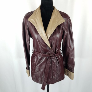 Northside Fashions jacket burgundy/tan leather waist belt‎ trench S-M VTG
